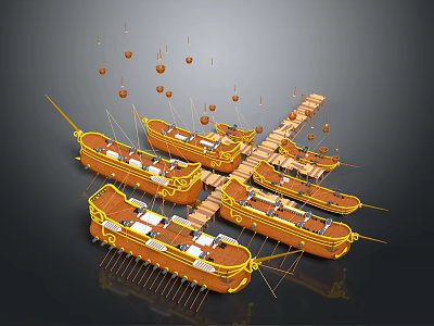 Ancient Wooden Ships Display with Hanging Decorative Elements and Oars in Formation 3d model