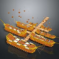 Ancient Wooden Ships Display with Hanging Decorative Elements and Oars in Formation