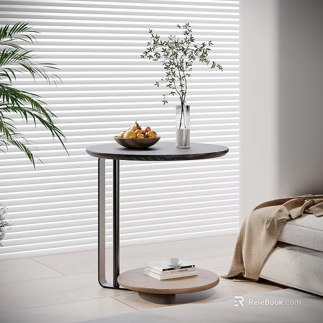 Modern Round Side Table With Fruit Bowl Vase And Green Plant Near Sofa 3d model 