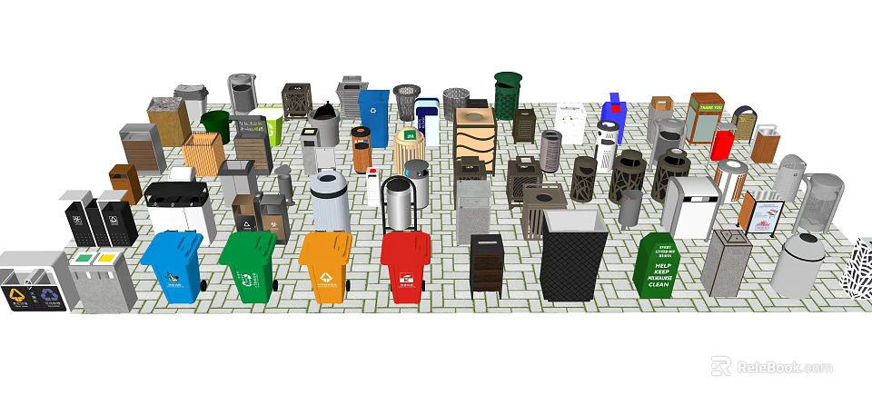 Public Facilities Featuring Different Colored Trash Bins In Various Styles 3d model