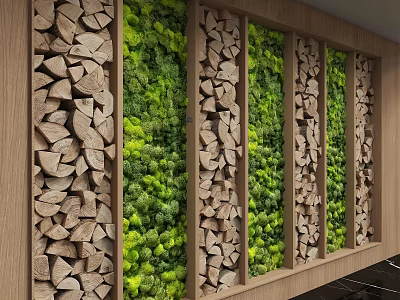 Natural Modern Background Wall With Alternating Wooden Slices And Green Plants 3d model
