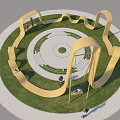 Public Square Landscape with Yellow Blue Curved Play Structures Circular Lawn and People Enjoying Playtime