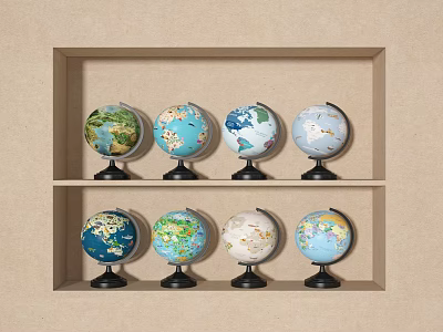 Colorful Decorative Globe Ornament Set With Multiple Designs On Wooden Shelves 3d model