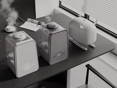Three Household Humidifiers On Black Table With Steaming Cup Pen Notebook And Window Blinds 3d model