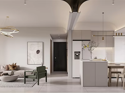 Modern Living and Dining Area With Sofa Decorative Painting Dining Table Pendant Lights Arched Design 3d model