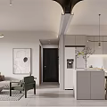 Modern Living and Dining Area With Sofa Decorative Painting Dining Table Pendant Lights Arched Design