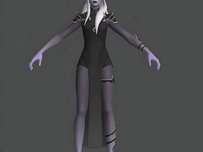 Game Movie Character With White Long Hair Purple Skin Black Outfit And Metal Decorations 3d model