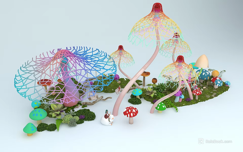 Vibrant Fantasy Mushroom Scene With Colorful Netlike Structures Small Mushrooms Green Plants Little Snowman 3d model 