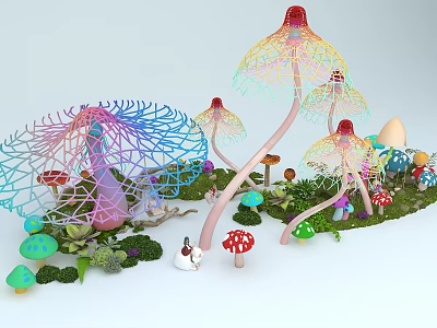 Vibrant Fantasy Mushroom Scene With Colorful Netlike Structures Small Mushrooms Green Plants Little Snowman 3d model