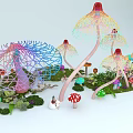 Vibrant Fantasy Mushroom Scene With Colorful Netlike Structures Small Mushrooms Green Plants Little Snowman