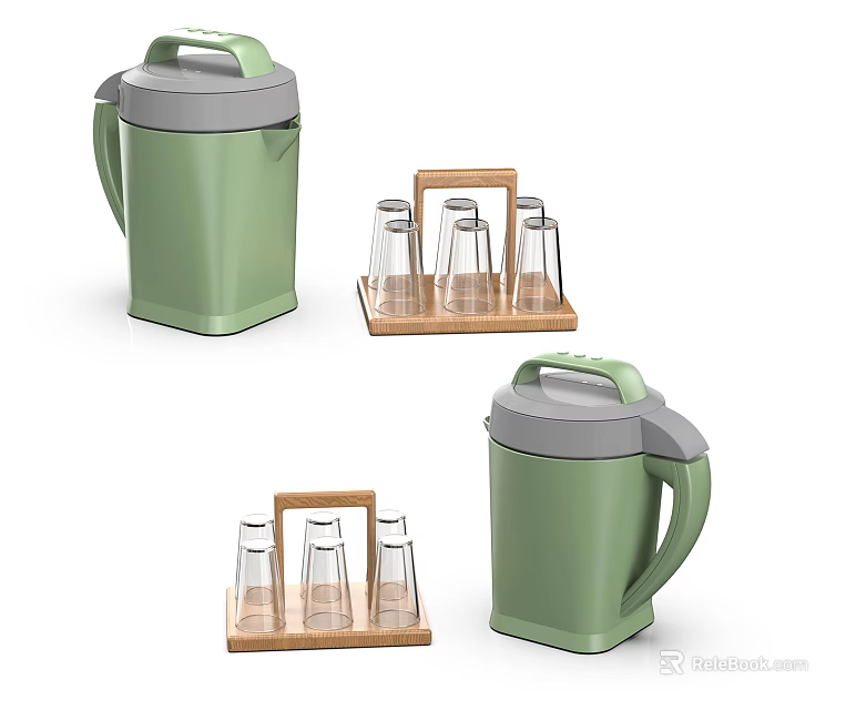 Modern Green Daily Use Electrical Thermos Set With Glass Cups On Wooden Tray 3d model 