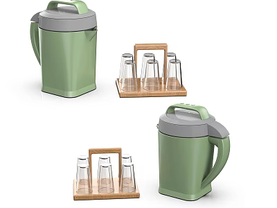 Modern Green Daily Use Electrical Thermos Set With Glass Cups On Wooden Tray 3d model