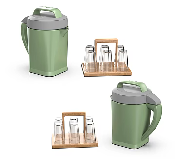 Modern Green Daily Use Electrical Thermos Set With Glass Cups On Wooden Tray 3d model