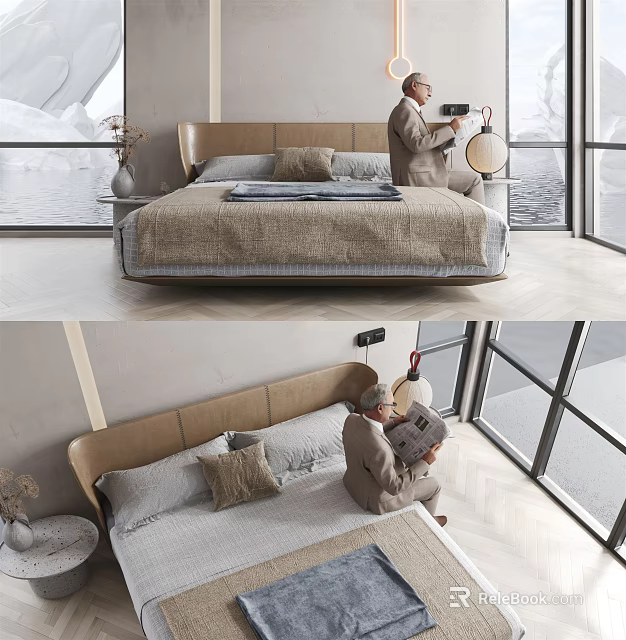 Minimalist Double Bed with Stylish Headboard and Cozy Bedding in Bright Room with Large Windows 3d model 