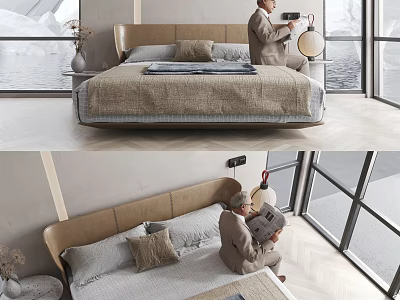 Minimalist Double Bed with Stylish Headboard and Cozy Bedding in Bright Room with Large Windows 3d model