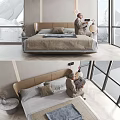Minimalist Double Bed with Stylish Headboard and Cozy Bedding in Bright Room with Large Windows