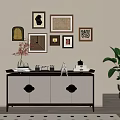 Modern Console Table With Framed Artworks Decorative Items And Potted Plant 3d model