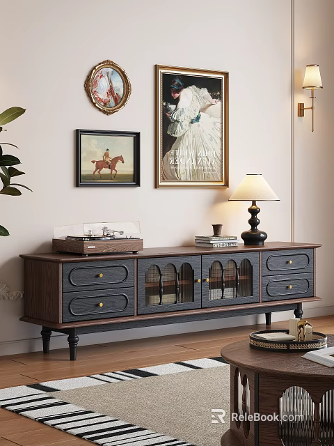Dark Wooden TV Stand With Drawers Glass Doors Table Lamp Books And Record Player 3d model 