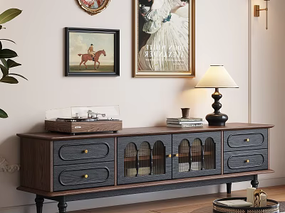 Dark Wooden TV Stand With Drawers Glass Doors Table Lamp Books And Record Player 3d model
