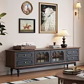 Dark Wooden TV Stand With Drawers Glass Doors Table Lamp Books And Record Player