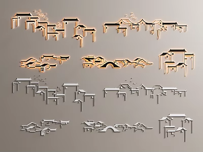 Chinese Style Architectural Silhouettes Wall Decor Collection 3d model