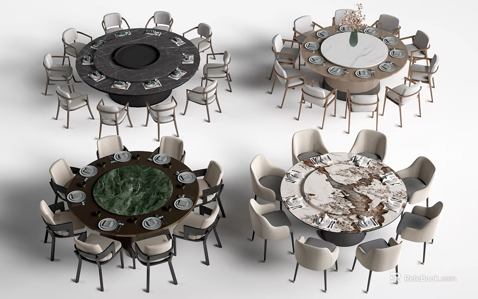 Modern Round Dining Table With Varied Marble Surfaces And Surrounding Chairs 3d model 