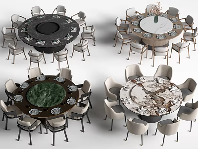 Modern Round Dining Table With Varied Marble Surfaces And Surrounding Chairs 3d model