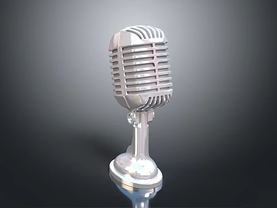 Classic Silver Vintage Microphone With Metal Grill And Base Stand On Dark Background 3d model