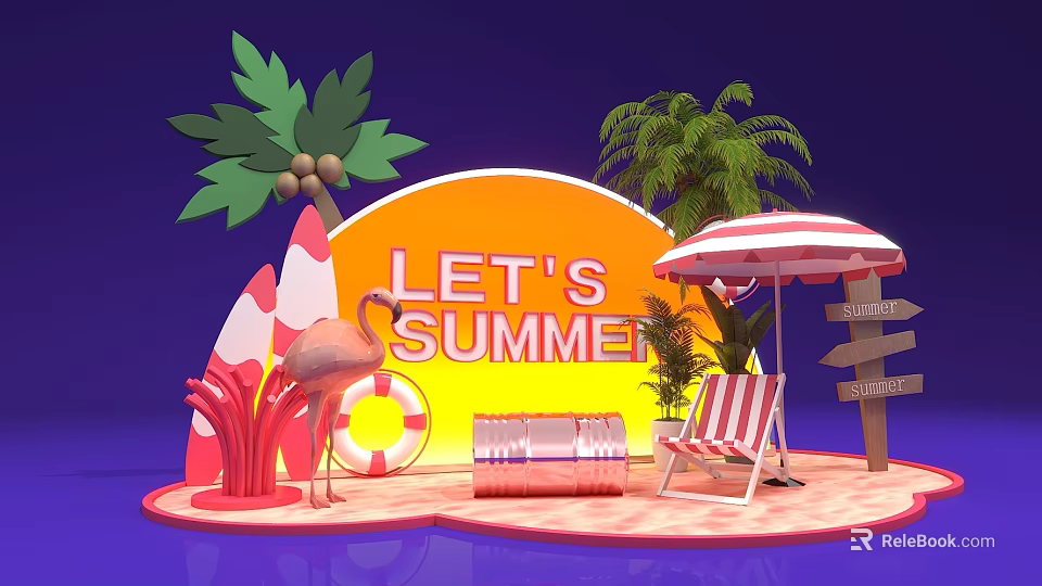 Vibrant Summer Scene With Flamingo Lifebuoy Striped Umbrella Beach Chair And Palm Trees 3d model 