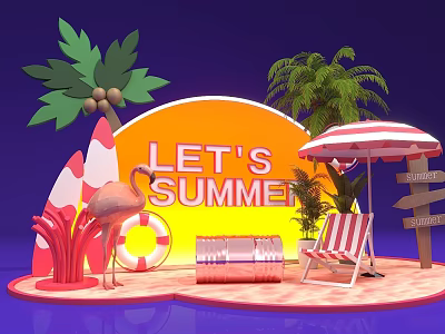 Vibrant Summer Scene With Flamingo Lifebuoy Striped Umbrella Beach Chair And Palm Trees 3d model