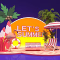 Vibrant Summer Scene With Flamingo Lifebuoy Striped Umbrella Beach Chair And Palm Trees