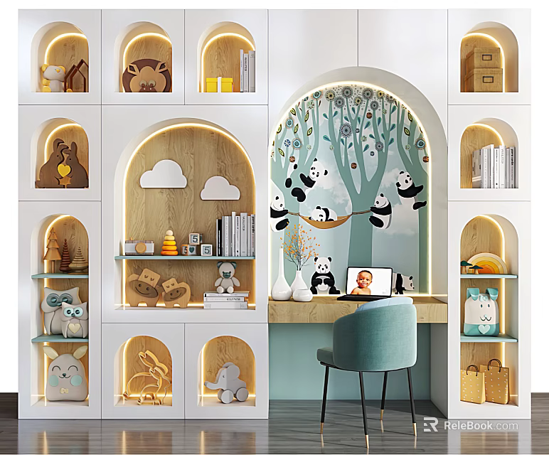 Cute Animal Shaped Bookshelf With Tree Mural Toys And Books In Cozy Kids Room 3d model 