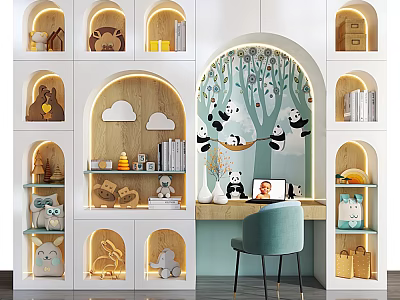 Cute Animal Shaped Bookshelf With Tree Mural Toys And Books In Cozy Kids Room 3d model