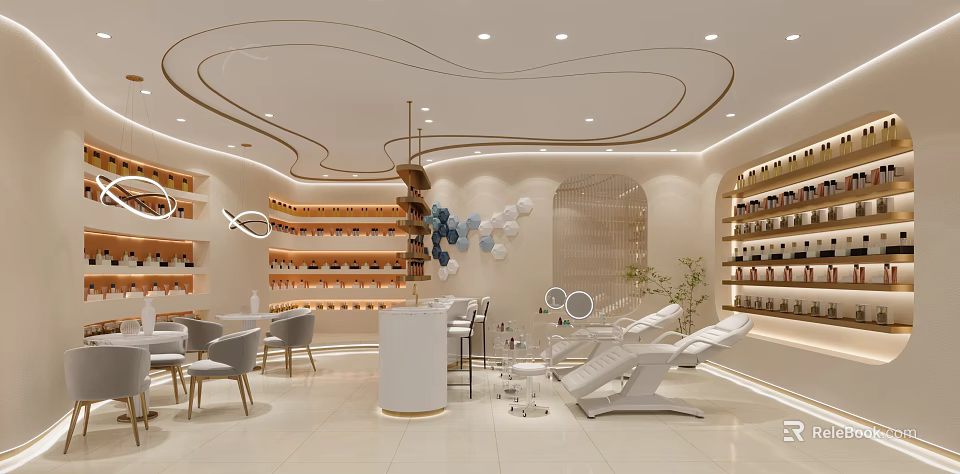Modern Beauty Salon Interior With Curved Ceiling White Reception Desk Product Shelves And Salon Chairs 3d model 