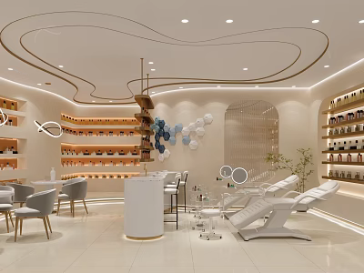 Modern Beauty Salon Interior With Curved Ceiling White Reception Desk Product Shelves And Salon Chairs 3d model