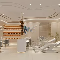Modern Beauty Salon Interior With Curved Ceiling White Reception Desk Product Shelves And Salon Chairs