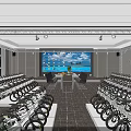 Modern Conference Room with Pendant Lights Tables Chairs Decorative Paintings and Carpet