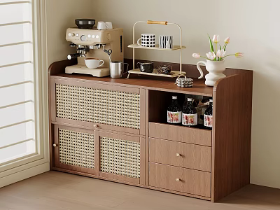 Wooden Sideboard Featuring Rattan Doors and Coffee Machine with Tulip Vase on Top 3d model