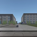 Modern Industrial Factory Building Exterior With Green Trees Truck And Open Square