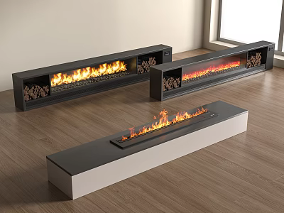 Modern Fireplace Various Styles With Realistic Flames On Wooden Floor Setting 3d model