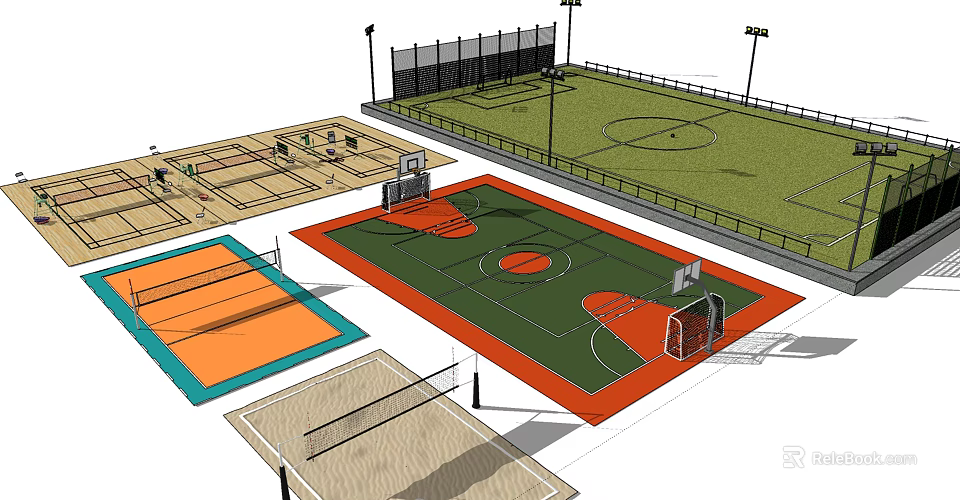 Outdoor Basketball Court With Red Green Surface Lighting And Soccer Field In Multi Sport Area 3d model 