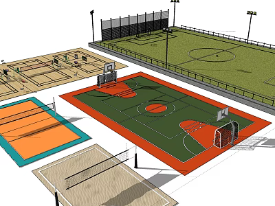 Outdoor Basketball Court With Red Green Surface Lighting And Soccer Field In Multi Sport Area 3d model
