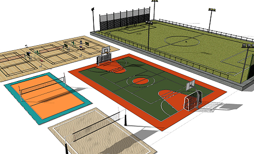 Modern basketball court sports field combination 3d model