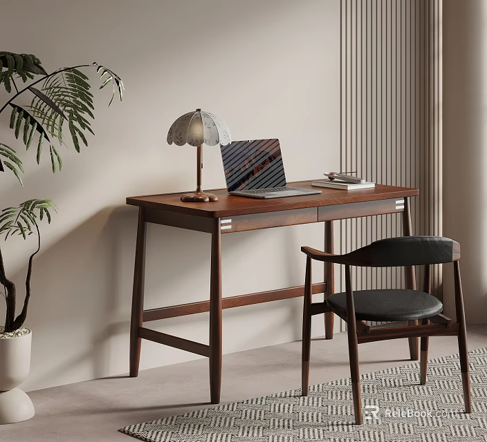 Modern Home Office Workspace With Wooden Desk Laptop Table Lamp And Chair 3d model 