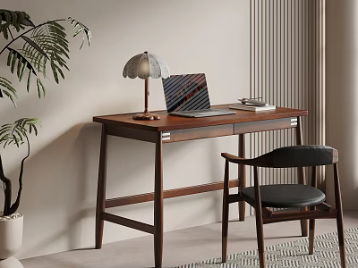 Modern Home Office Workspace With Wooden Desk Laptop Table Lamp And Chair 3d model