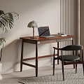 Modern Home Office Workspace With Wooden Desk Laptop Table Lamp And Chair