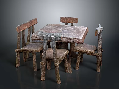 Rustic Wooden Dining Table And Chair Set With Four Chairs Natural Rough Texture 3d model