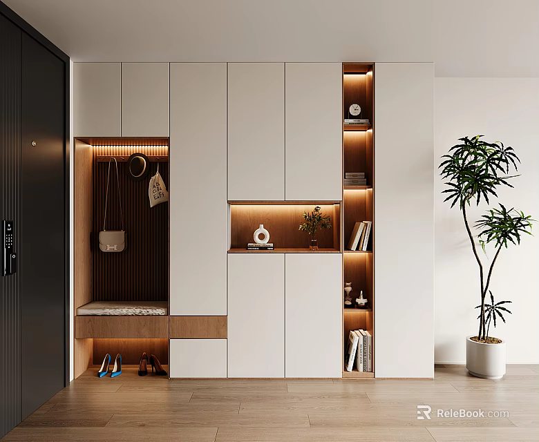 Modern Shoe Cabinet Interior Design With Hanging Area Bench Plants And Decorative Items 3d model 