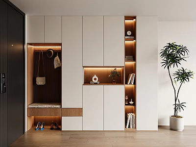 Modern Shoe Cabinet Interior Design With Hanging Area Bench Plants And Decorative Items 3d model