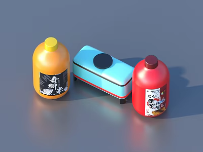 Household Kitchen Supplies Including Orange Bottle Blue Appliance And Red Bottle 3d model